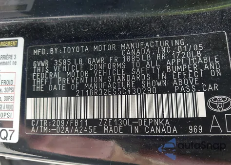 2005 Toyota Corolla Le from USA, damaged, VIN 2T1BR32E55C430290